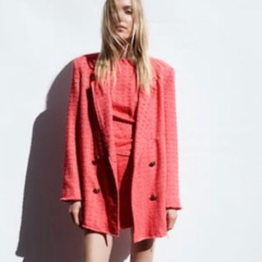 Zara textured Barbie pink coat and matching top and skort all three pieces!